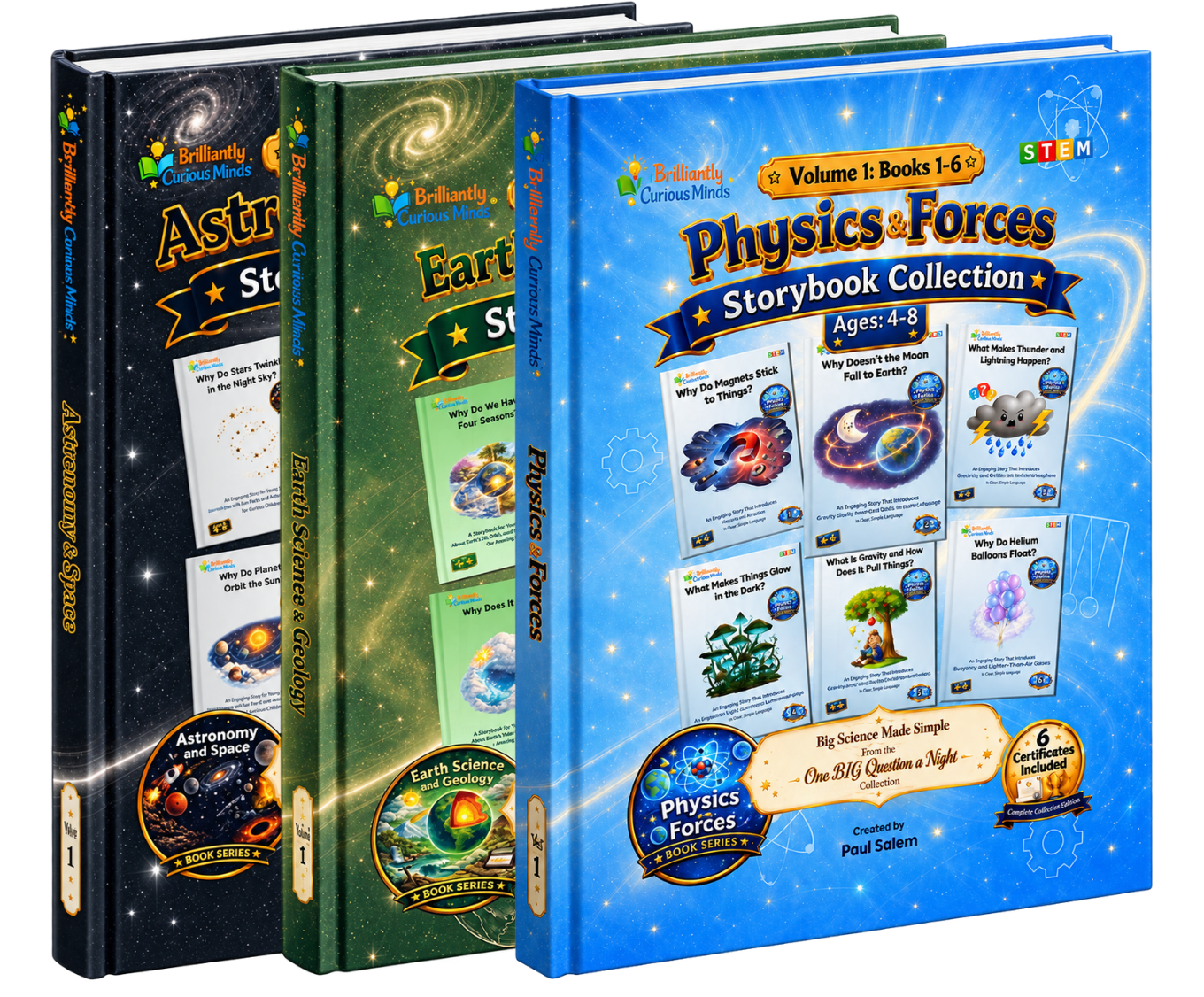 Three overlapping physical hardcover book collections: Astronomy & Space, Earth Science & Geology, and Physics & Forces